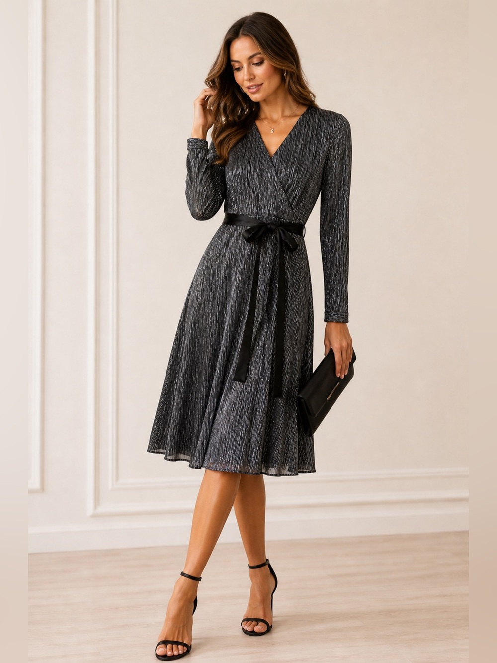 Banana Republic Metallic Pleated Midi Dress XS Silver Black Cocktail Party